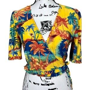 Zara women yellow crop top Palm tree floral wrap crop Blouse size XS kawaii boho